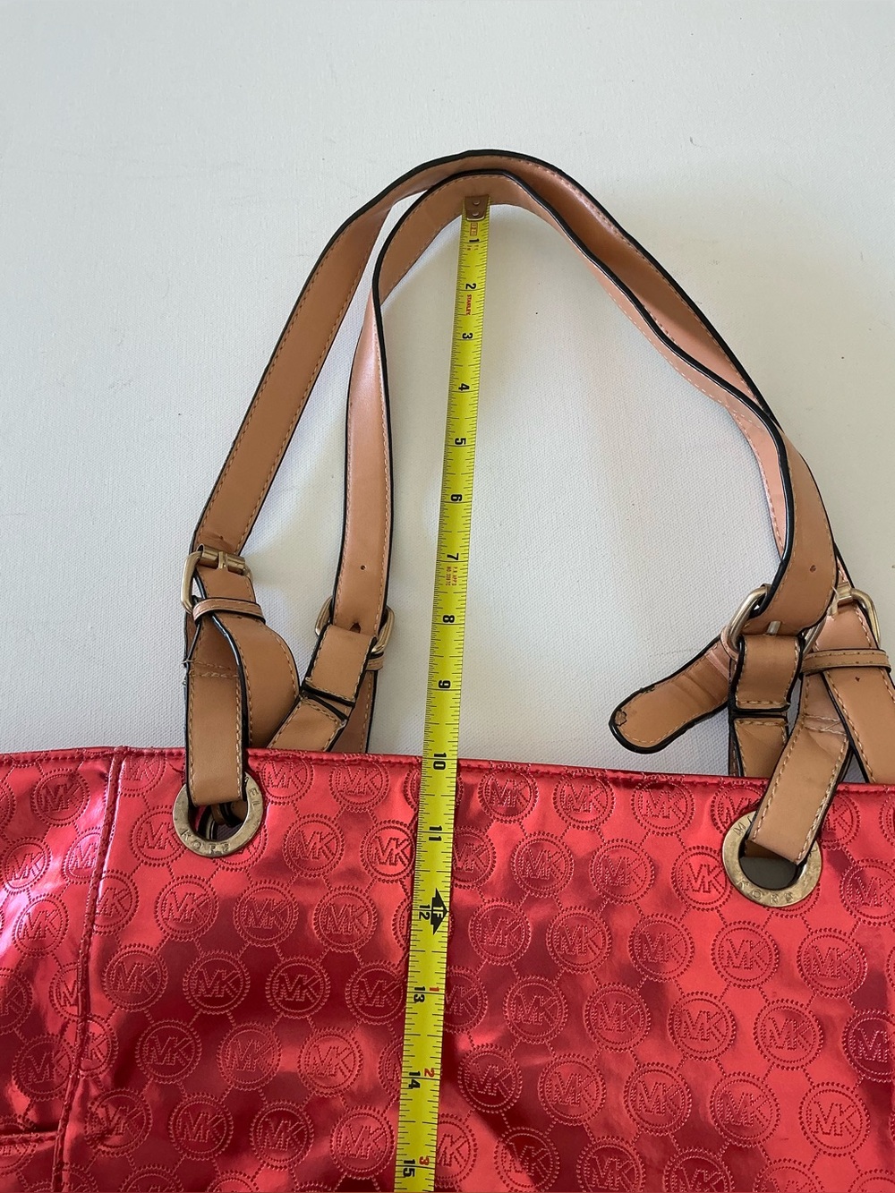 Michael Kors Jet Set Tote Coral Red Metallic MK Logo Large Shoulder Bag - Picture 12 of 12